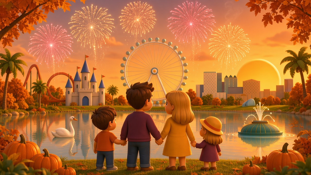 Illustrated Orlando lake scene with a coaster, castle, Orlando Eye and a family