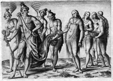 Black-and-white engraving of Timucua people in a village scene