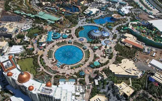 Aerial view of Celestial Park and its fountains at Epic Universe