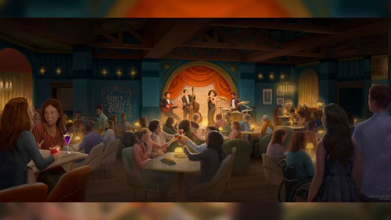 Artist rendering of Hurly-Burly lounge at Disney's BoardWalk with a band on stage