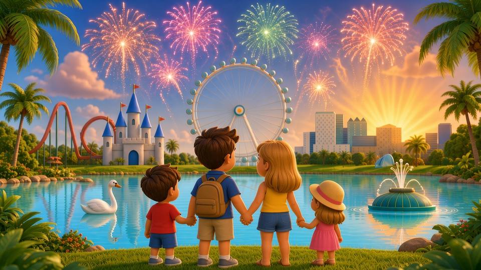 Illustrated summer Orlando lake scene with fireworks, a coaster, castle, the Orlando Eye and a family